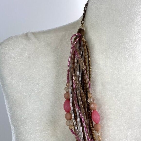 Beaded Necklace Multi Strand Twisted Seed Bead Pink Clear Gold Tone Statement - Picture 4 of 10